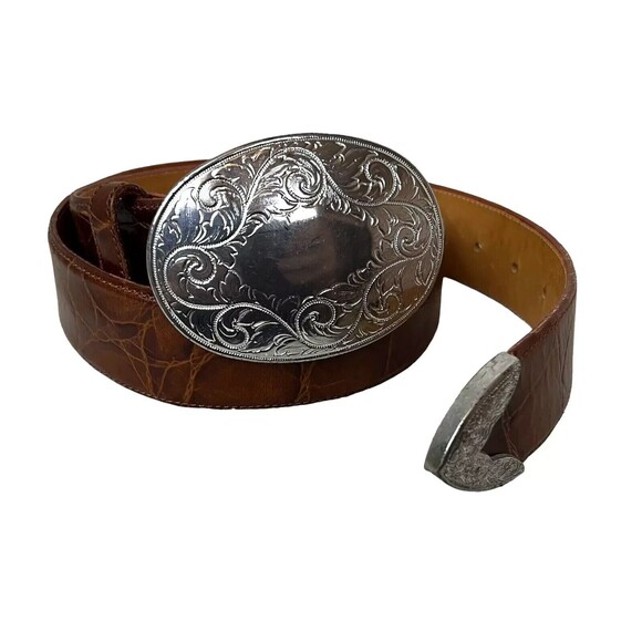 Zele Western Belt  Women's M  Brown Croc Embossed Leather w Decorative Buckle - Picture 2 of 9